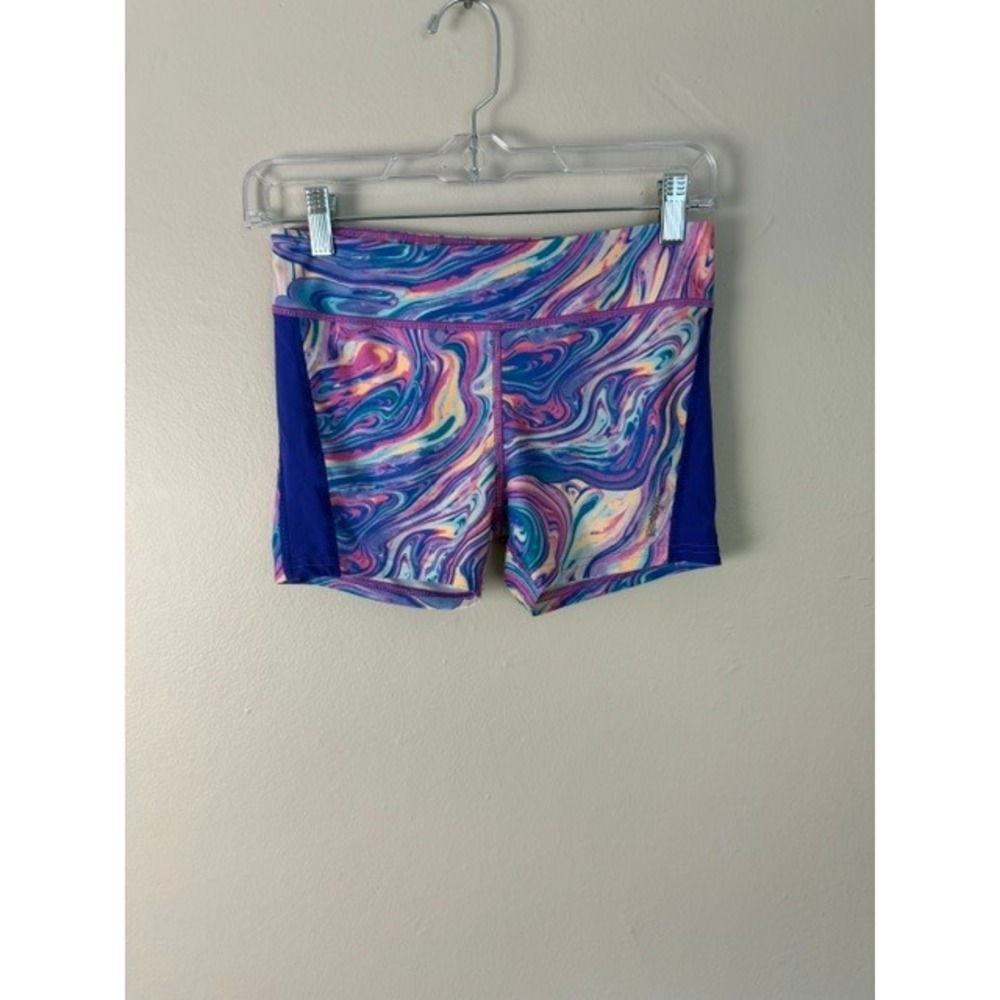 Reebok Womens Marble Swirl Print Athletic Compression Shorts Purple Blue Multi